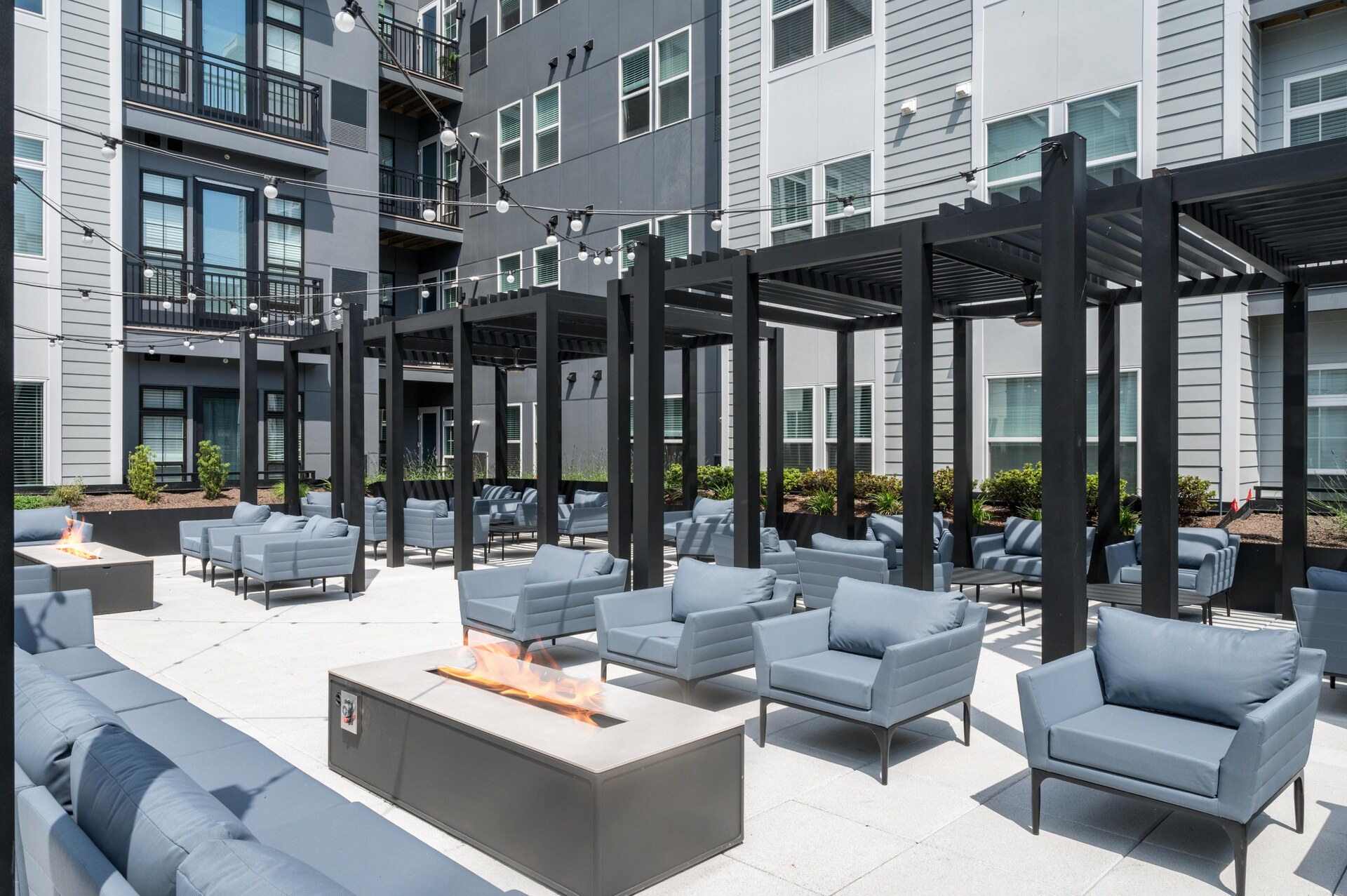 Outdoor seating under a canopy.