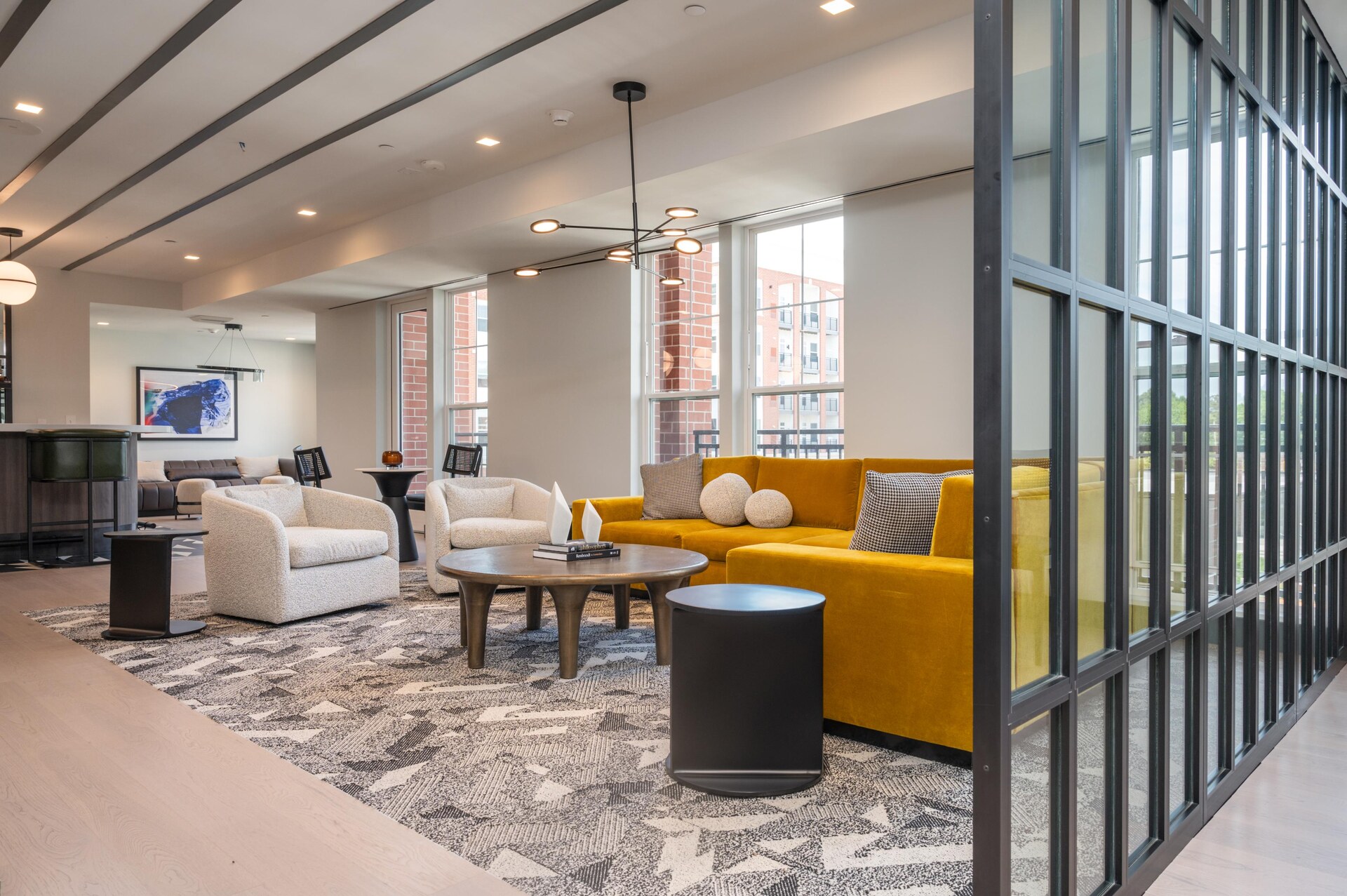 Coworking lounge with comfortable seating.